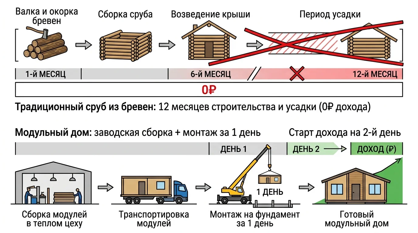 Инфографика-сравнение временных затрат и денежных потоков: 12 месяцев у традиционного сруба против 1 дня монтажа и старта выручки у модульного дома