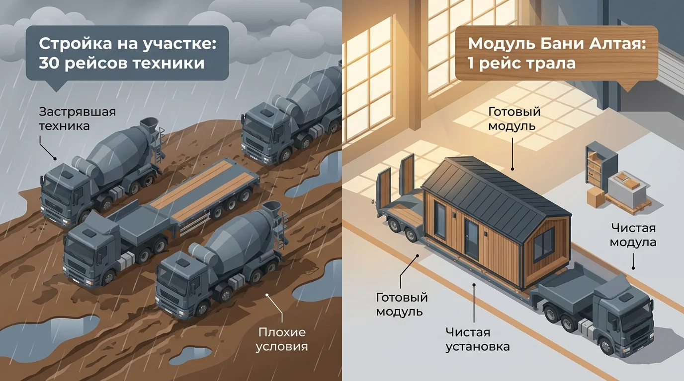 Сравнение логистических затрат: десятки рейсов техники на стройплощадку против 1–2 рейсов низкорамного трала из цеха «Бань Алтая»